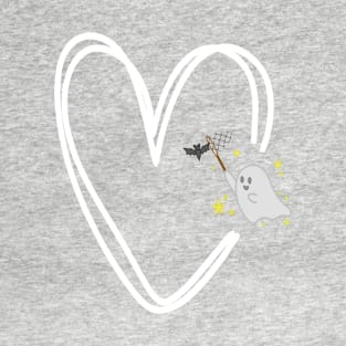 cute ghost catching a bat in a white heart T-Shirt